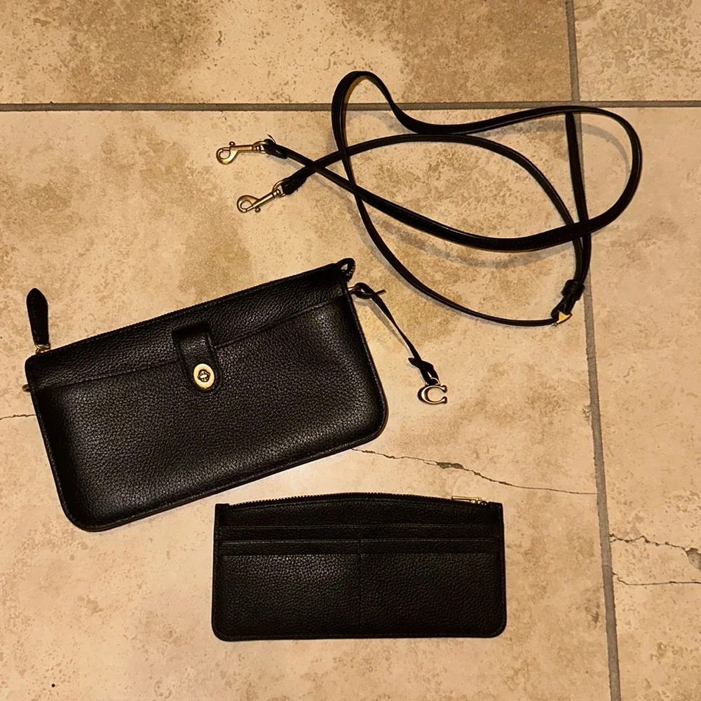 Coach Pebbled Leather Black Crossbody Wristlet - Picture 2 of 14